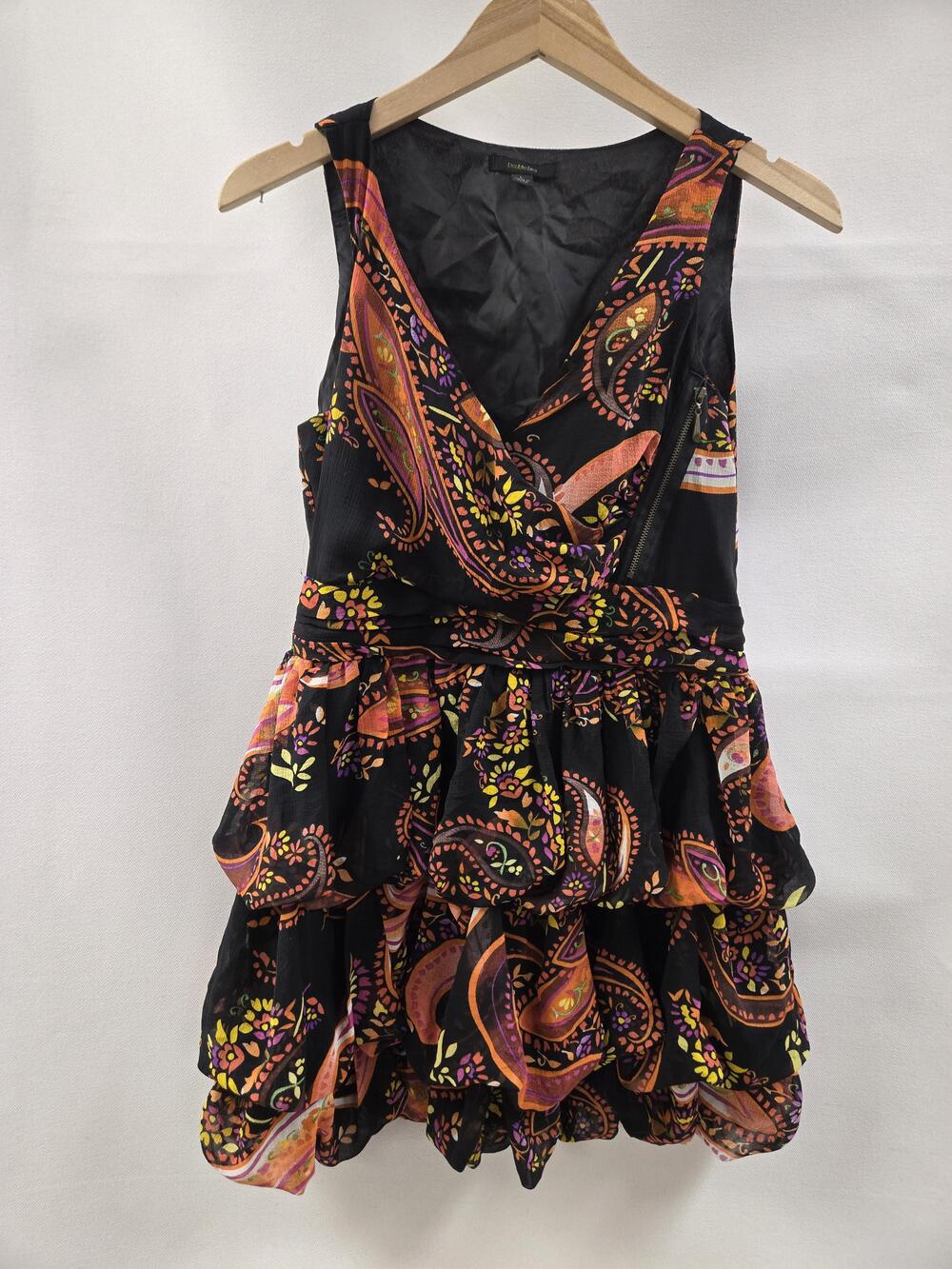Double Zero Dress Womens Large Black Paisley V Neck Tiered Ruffle Mini Side Zip